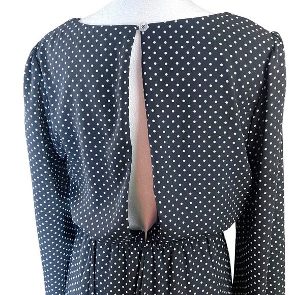 Forever 21 Mini Dress Size M Polka Dot Longsleeve Fit n Flare Open Back Black - Picture 4 of 16
